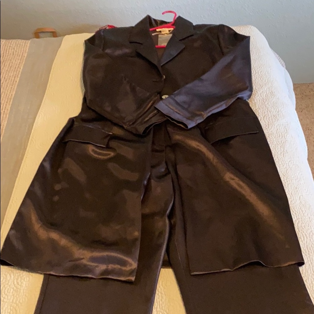2 piece midnight blue satin women’s suit